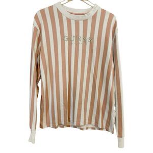 GUESS Mens Striped Mock Neck Longsleeve Shirt Sz M Pink Spellout